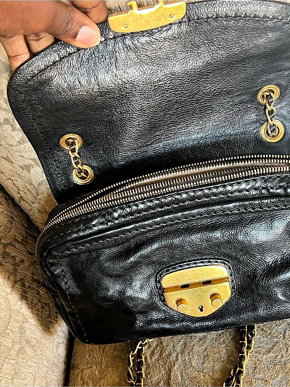 Prada Glace Calf Pushlock Chain Shoulder Bag Black - Picture 4 of 16